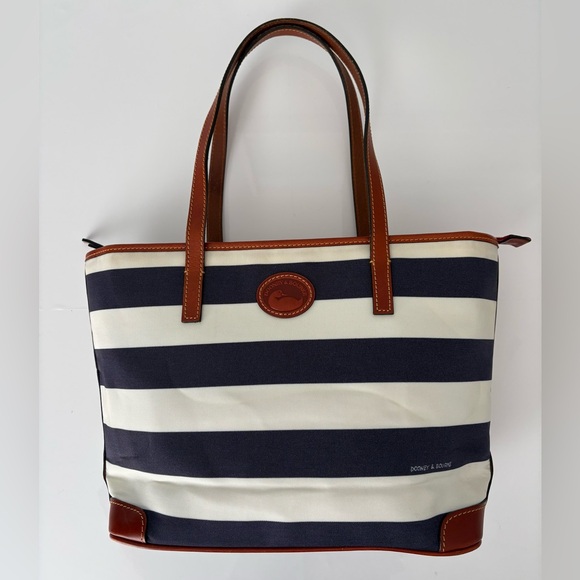 Dooney & Bourke Handbags - Dooney & Bourke Blue White Striped Tote Bag Leather Trim Classic